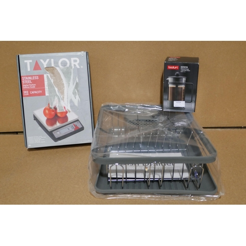 3219 - Bodum french press, Taylor kitchen scales & dish rack *This lot is subject to vat