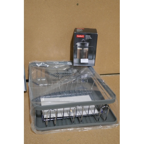 3219 - Bodum french press, Taylor kitchen scales & dish rack *This lot is subject to vat