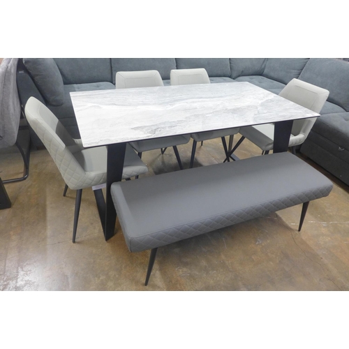 1342 - A Laredo 160cm dining table with four light grey upholstered dining chairs and dark grey bench set *... 