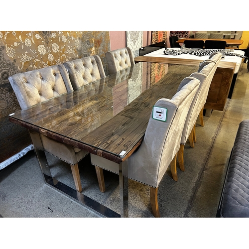 1461 - A 220cm Railway Sleeper dining table and a set of six Moxton grey velvet upholstered dining chairs *... 