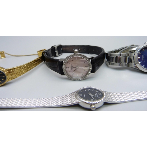 1003 - Five lady's wristwatches, Rotary with mother of pearl dial, two other plated Rotarys, Citizen Eco-Dr... 