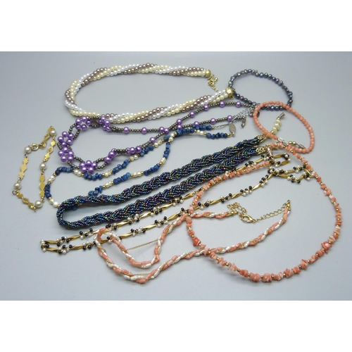 1005 - Seven necklaces and three bracelets including coral and pearl set