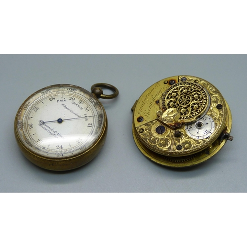 1011 - A verge pocket watch movement, (missing dial), and a pocket barometer