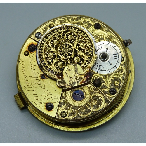 1011 - A verge pocket watch movement, (missing dial), and a pocket barometer