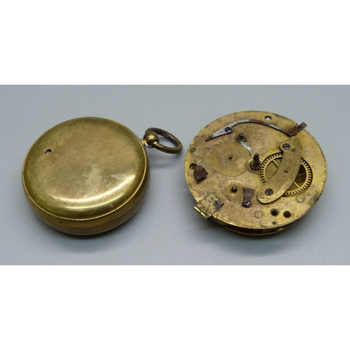 1011 - A verge pocket watch movement, (missing dial), and a pocket barometer