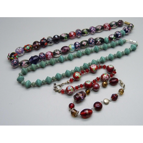 1013 - Glass bead necklets and bracelets, (2+2), one bracelet requires repair