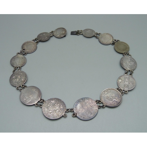 1017 - A collar/necklet, made from fourteen 18th and 19th Century coins, including Queen Anne, George II, I... 