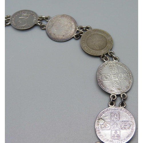 1017 - A collar/necklet, made from fourteen 18th and 19th Century coins, including Queen Anne, George II, I... 