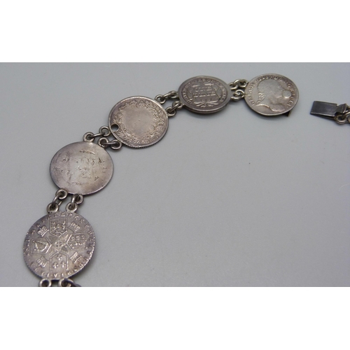 1017 - A collar/necklet, made from fourteen 18th and 19th Century coins, including Queen Anne, George II, I... 