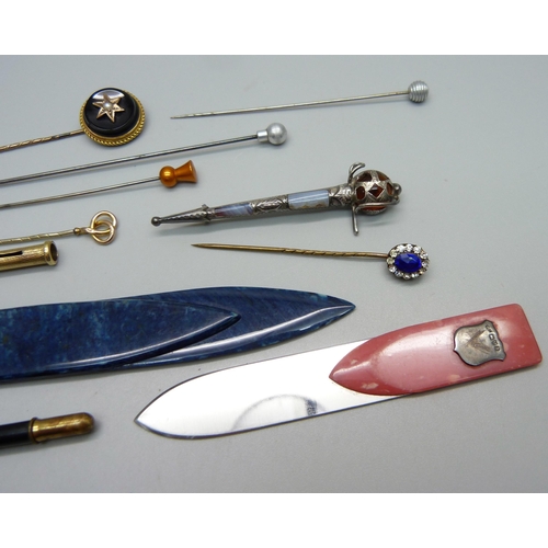 1021 - A Scottish sterling silver and agate brooch, a pin with 9ct gold top, two silver mounted bookmarks, ... 