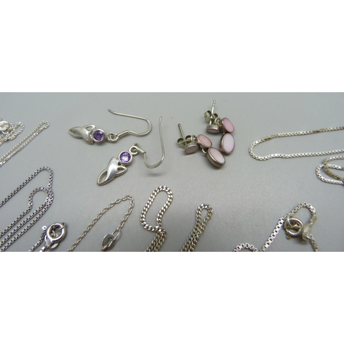 1026 - Seven silver chains, a bracelet and two pairs of earrings