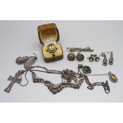 1032 - A collection of marcasite set jewellery including a silver necklace, a silver cross pendant, a silve... 