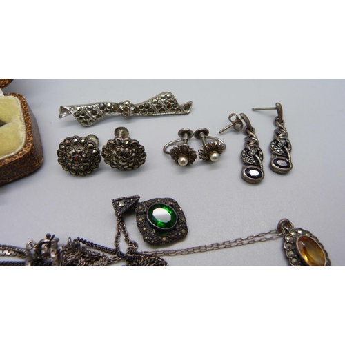 1032 - A collection of marcasite set jewellery including a silver necklace, a silver cross pendant, a silve... 