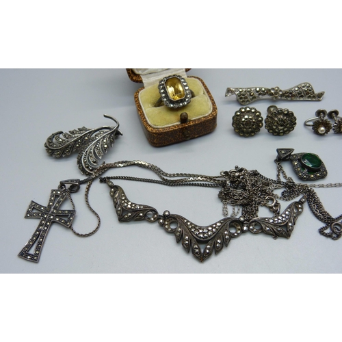 1032 - A collection of marcasite set jewellery including a silver necklace, a silver cross pendant, a silve... 