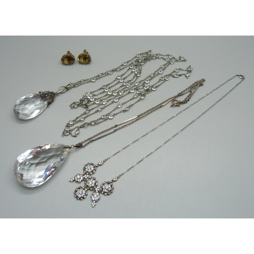 1033 - Two necklaces with large crystal drop pendants, one other necklace with paste set clusters and a pai... 