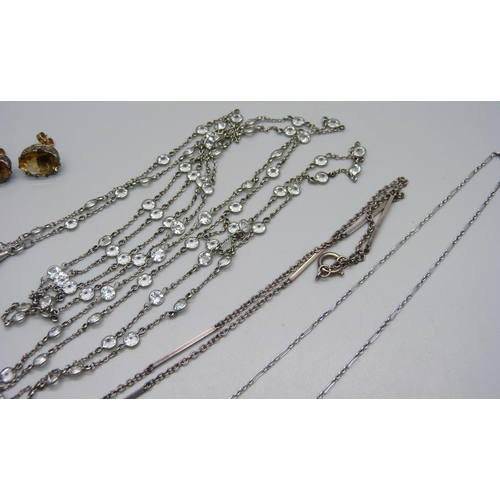 1033 - Two necklaces with large crystal drop pendants, one other necklace with paste set clusters and a pai... 