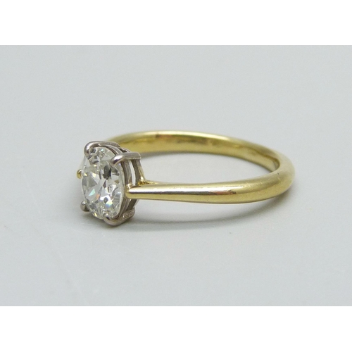 1039 - An 18ct gold and diamond ring, 0.82ct oval diamond, 2.4g, J