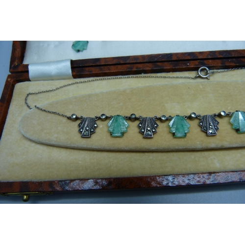 1045 - An Art Deco silver necklace and drop earrings, boxed