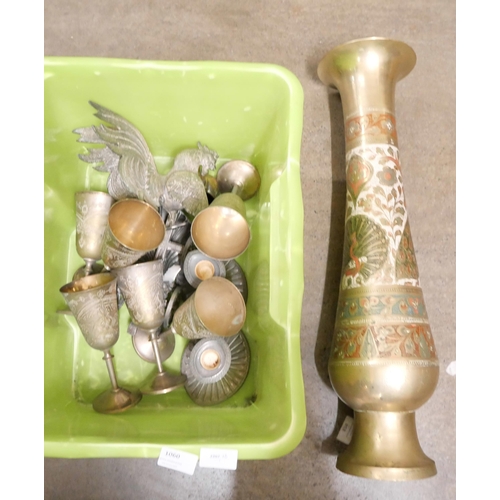 1060 - A Middle Eastern large brass vase, six brass goblets, a pair of silver plated candlesticks, etc. **P... 