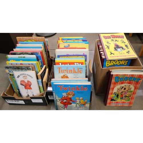 1063 - Three boxes of children's annuals and publications including The Broons and Oor Wullie, Twinkle, The... 