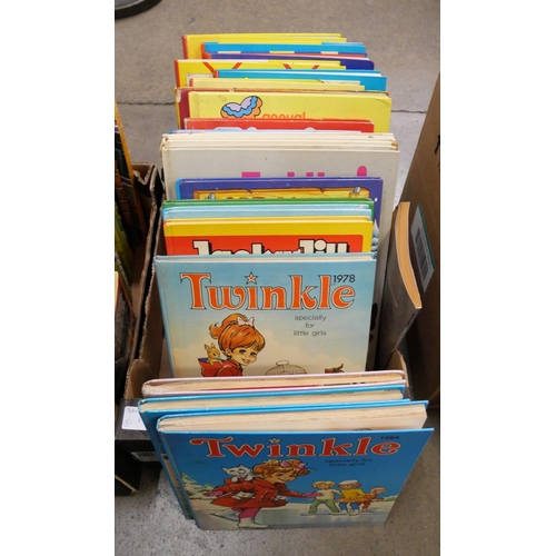 1063 - Three boxes of children's annuals and publications including The Broons and Oor Wullie, Twinkle, The... 