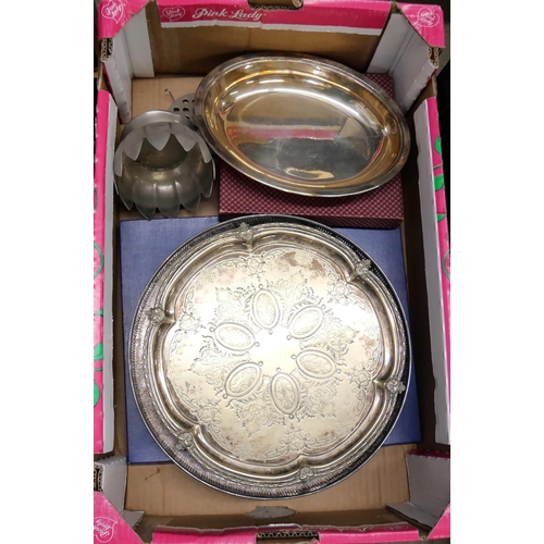 1066 - A box of Pendragon silver plated table mats, four boxes plus six loose coasters, a cased set of twel... 