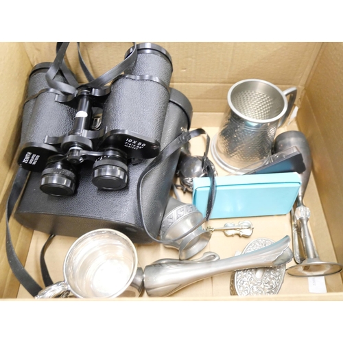 1068 - A pair of binoculars, cased, metalwares, cased set of dominoes, etc. **PLEASE NOTE THIS LOT IS NOT E... 