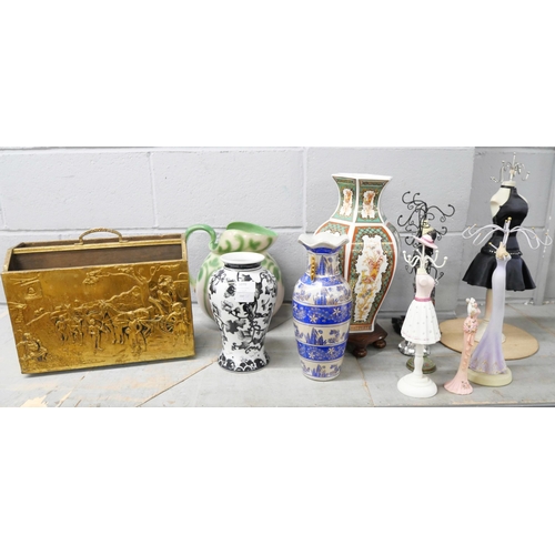 1070 - A Grindley wash jug, two oriental style vases, black and white floral vase, seven jewellery stands a... 