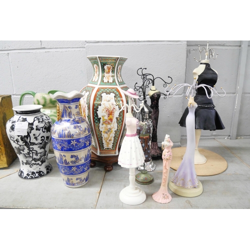 1070 - A Grindley wash jug, two oriental style vases, black and white floral vase, seven jewellery stands a... 