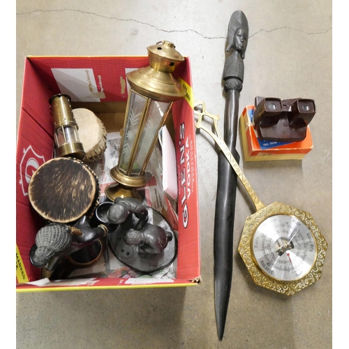 1081 - Assorted items; 3-D Viewmaster, two drums, two figures and metalware **PLEASE NOTE THIS LOT IS NOT E... 