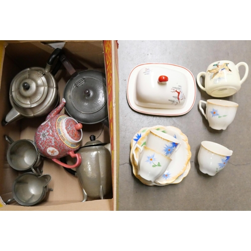 1082 - A Crown Devon butter/cheese dish, a Sylvac sugar bowl, tea ware a pewter tea service, etc. **PLEASE ... 