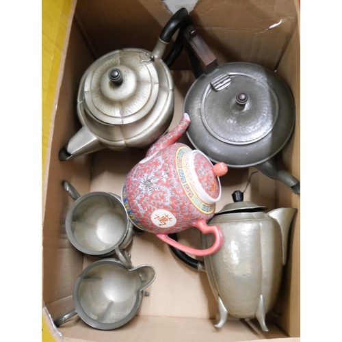 1082 - A Crown Devon butter/cheese dish, a Sylvac sugar bowl, tea ware a pewter tea service, etc. **PLEASE ... 