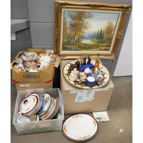 1099 - A collection of household china and a framed oil on canvas (four boxes) **PLEASE NOTE THIS LOT IS NO... 