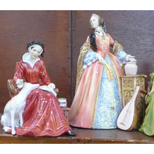 601 - Six Royal Doulton figures, Henry VIII, HN3350, limited edition and five of his wives, Anne of Cleves... 