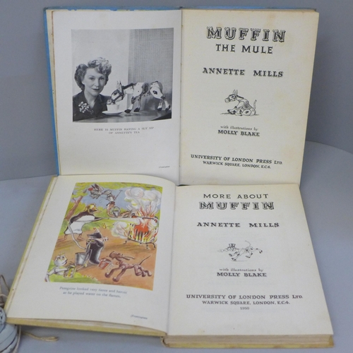 637 - A Muffin the Mule metal puppet, with two Muffin the Mule books circa 1950 (some drawing in books)