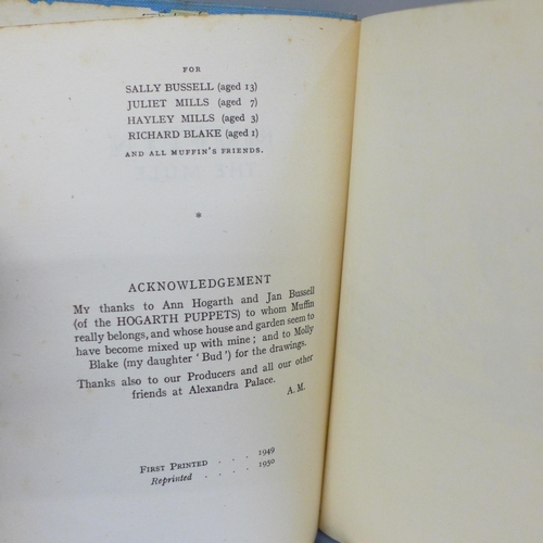 637 - A Muffin the Mule metal puppet, with two Muffin the Mule books circa 1950 (some drawing in books)