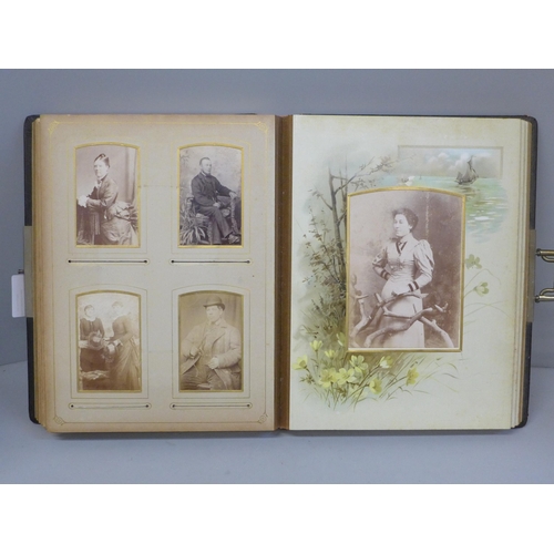 657 - A Victorian/Edwardian photograph album containing carte de visite and cabinet cards (47), album a/f