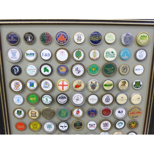 662 - A collection of golf related items including a framed display of ball markers and other assorted ite... 