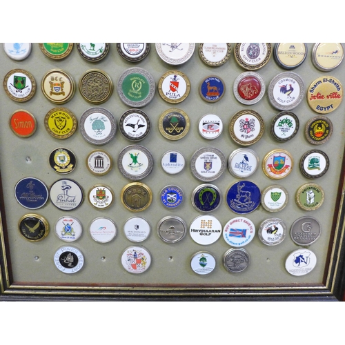662 - A collection of golf related items including a framed display of ball markers and other assorted ite... 