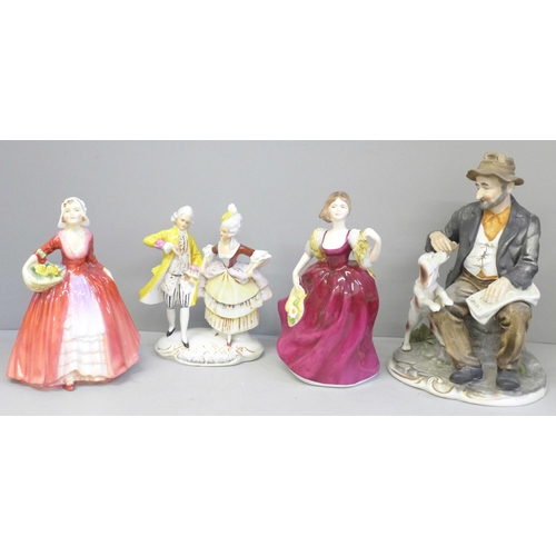 694 - Four figures, Royal Doulton HN1537 Janet, Petite Ladies Renaissance Kathy, German figure group and C... 