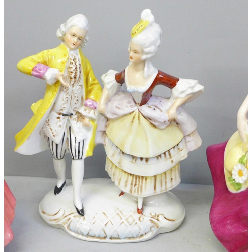 694 - Four figures, Royal Doulton HN1537 Janet, Petite Ladies Renaissance Kathy, German figure group and C... 