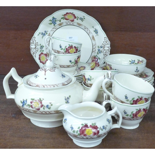 697 - A Crescent ware tea set, six setting, with teapot, cream and sugar and bread and butter plate **PLEA... 