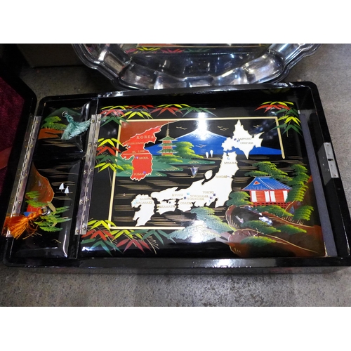 732 - A Japanese lacquered and hand painted musical box with photograph album inside, a Japanese desk stan... 