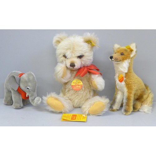 738 - Three Steiff animals; Petsy Soft, Fuchs and a small elephant