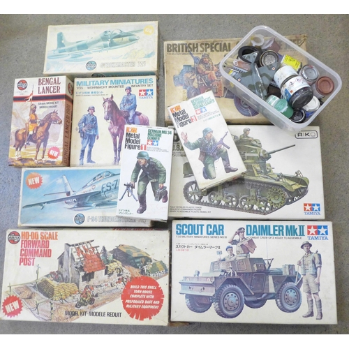 749 - Ten vintage Airfix and Tamiya military model kits, BAC Strikemaster, F-84 Thunderstreak, British Spe... 