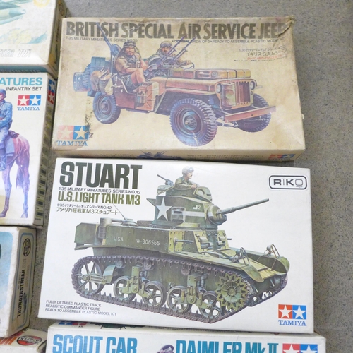 749 - Ten vintage Airfix and Tamiya military model kits, BAC Strikemaster, F-84 Thunderstreak, British Spe... 