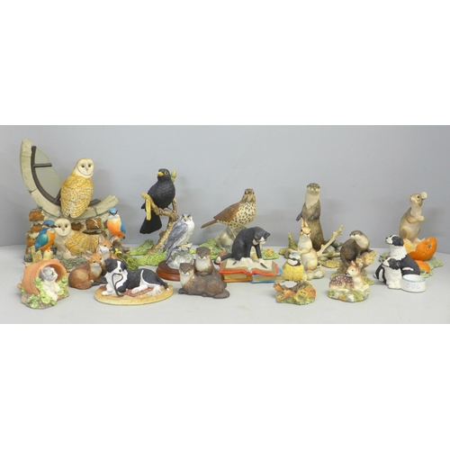 775 - Border Fine Arts figures; Blackbird, Thrush, Otter on a Dam, Silent Sanctuary, stands and smaller fi... 