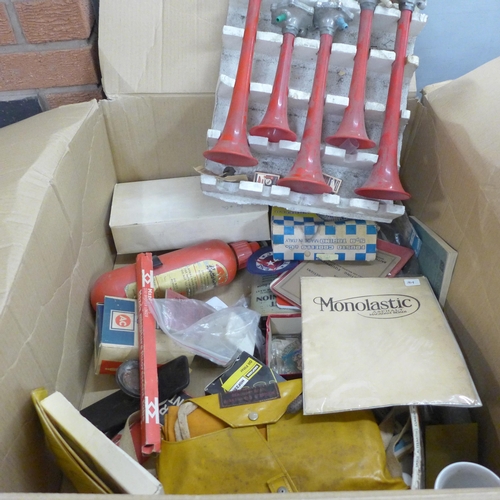 779 - A box of vintage motor car items including 1970s air horn set, Carello spotlight, Osram bulbs and pa... 