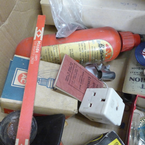 779 - A box of vintage motor car items including 1970s air horn set, Carello spotlight, Osram bulbs and pa... 