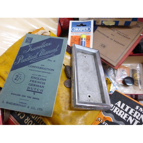 779 - A box of vintage motor car items including 1970s air horn set, Carello spotlight, Osram bulbs and pa... 